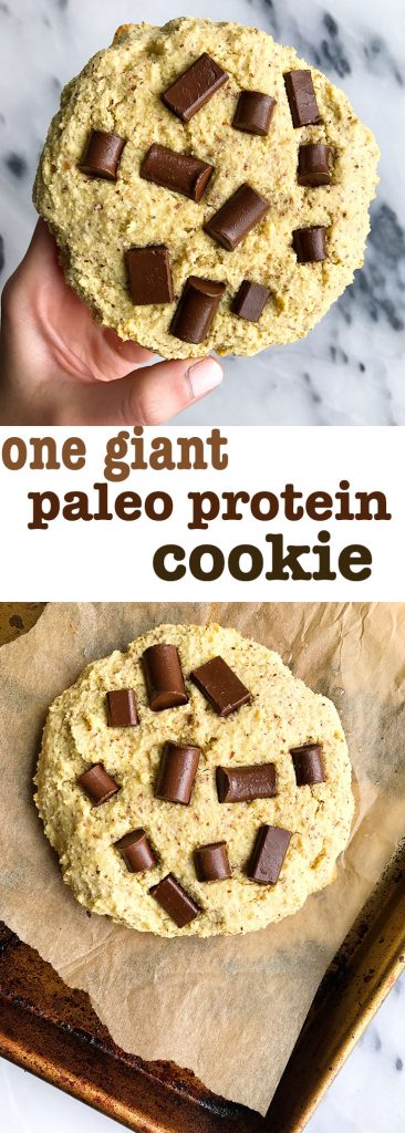 One Giant Paleo Chocolate Chip Protein Cookie that is paleo, grain and dairy-free!