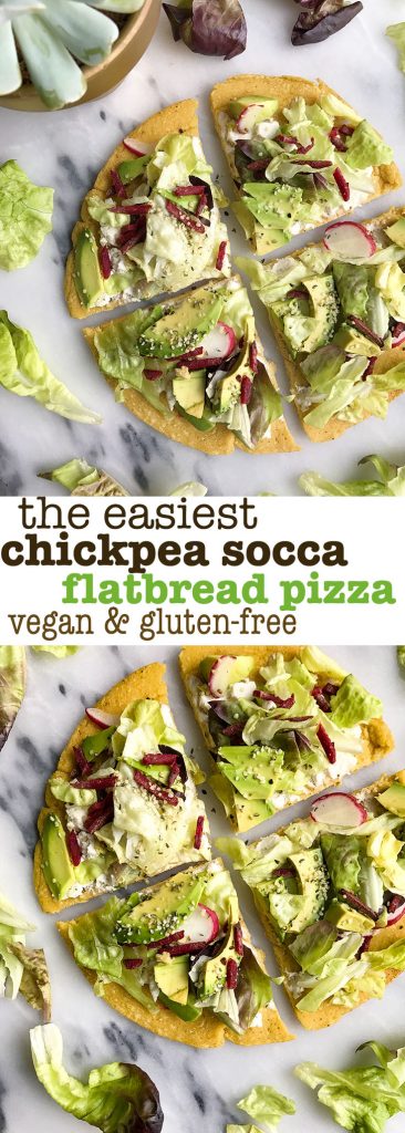 Socca Chickpea Flatbread Pesto Pizza with Crunchy Greens