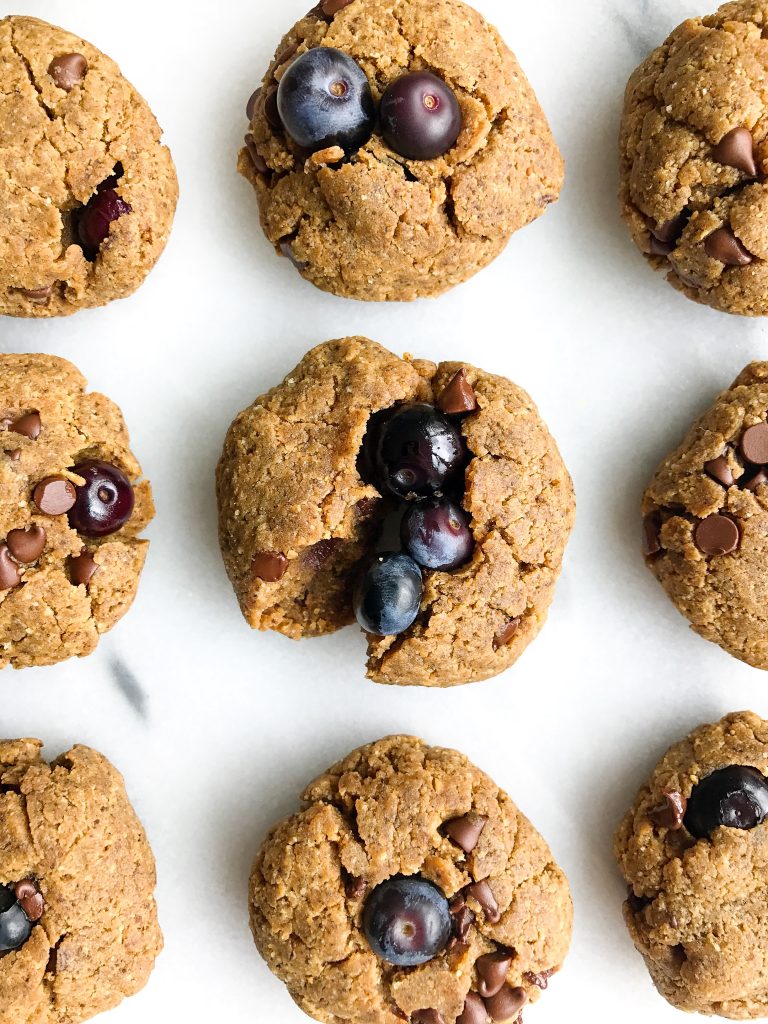 The most delicious Blueberry Chocolate Chip Breakfast Protein Cookies that are gluten & dairy-free!