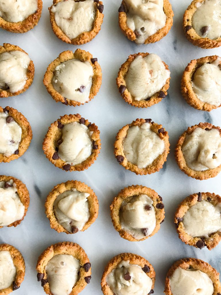 Mini Magical Chocolate Chip Cookie Bowls (grain + dairy-free) filled with almond milk ice cream!