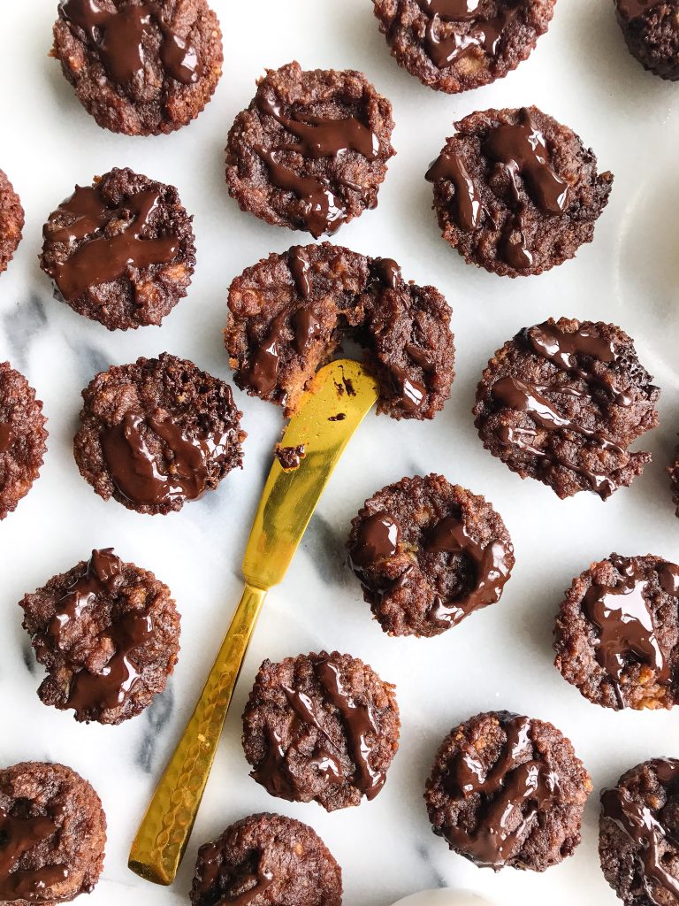 Chocolate Chip Banana Bread Brownie Bites! Vegan, grain-free and sweetened with bananas! 