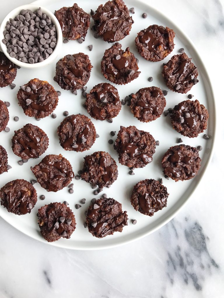 Chocolate Chip Banana Bread Brownie Bites! Vegan, grain-free and sweetened with bananas! 