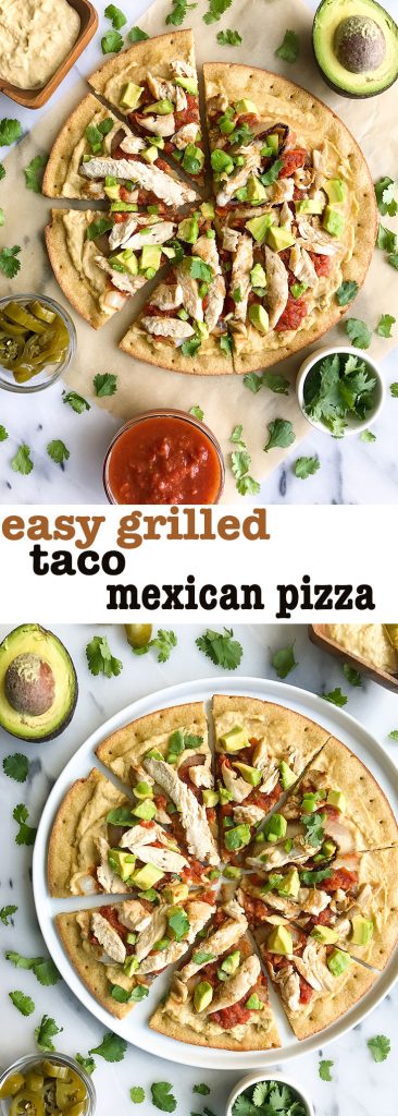 My Favorite Grilled Taco Pizza with Shredded Chicken for a delicious dairy-free pizza recipe!