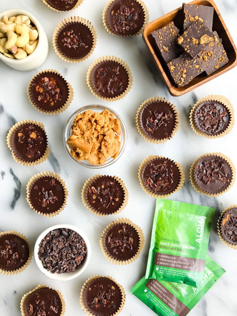 Fatty Dark Chocolate Coconut Butter Cups filled with super greens for an easy low sugar treat!