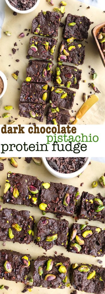Dark Chocolate Pistachio Protein Fudge Bites for a delicious low sugar, vegan treat!