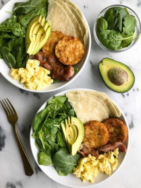 Simple and Delicious Breakfast Taco Bowls with Soft-Scrambled Eggs and Bacon