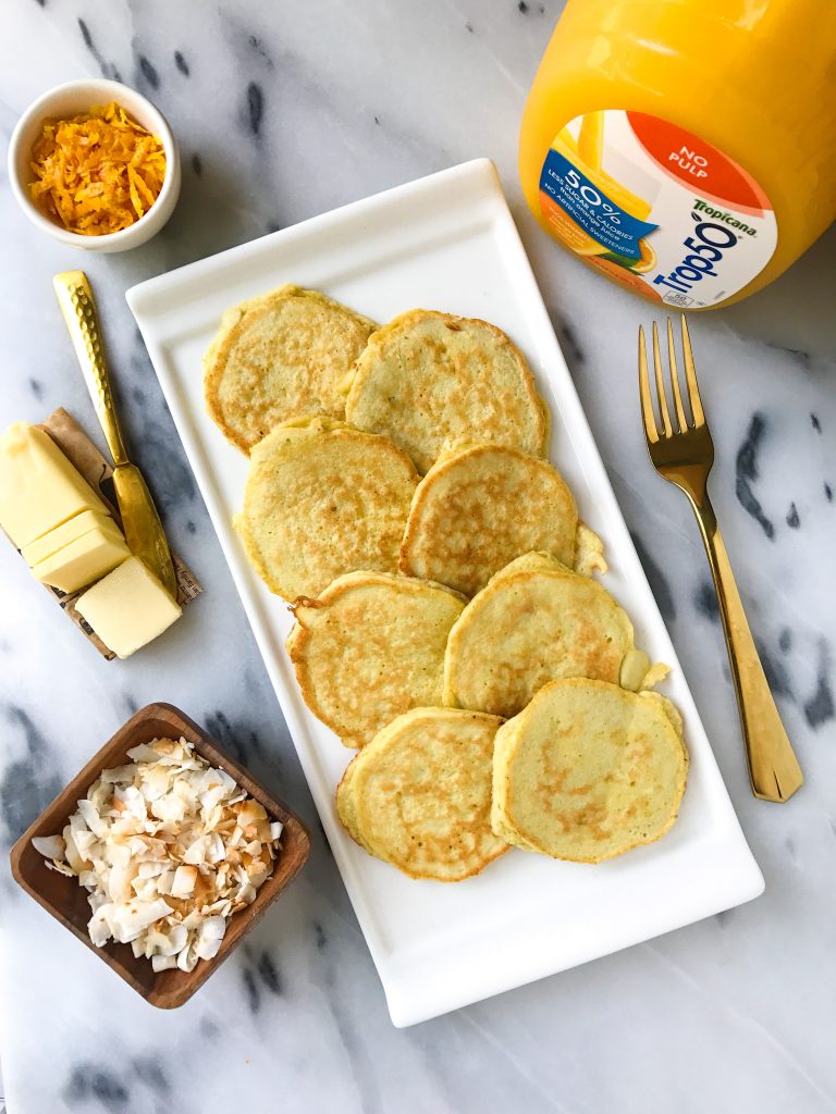 Toasted Coconut Orange Pancakes made with coconut flour for a delicious grain-free breakfast!