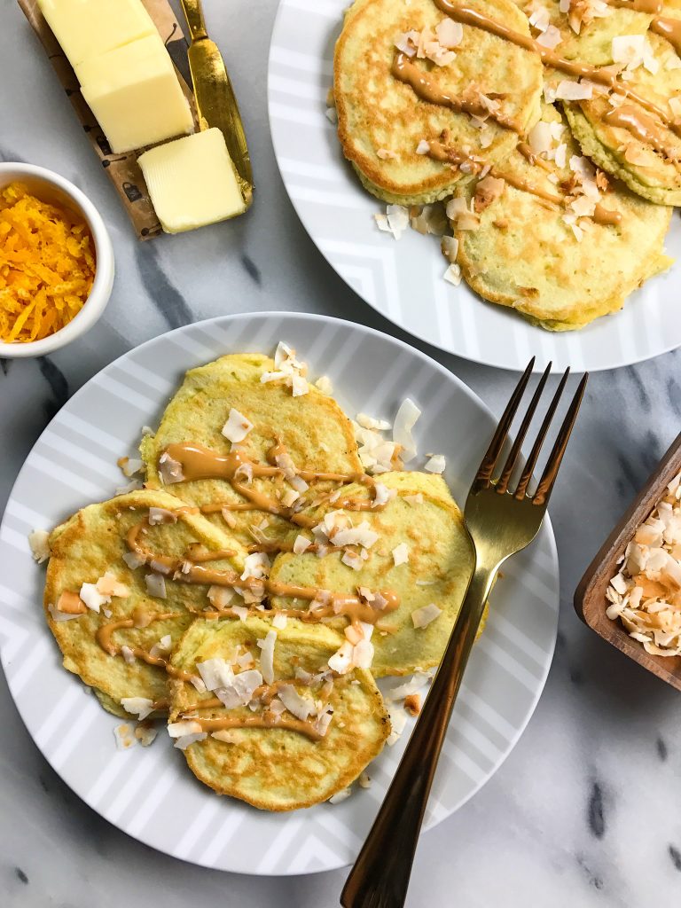 Toasted Coconut Orange Pancakes made with coconut flour for a delicious grain-free breakfast!