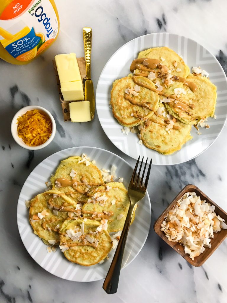 Toasted Coconut Orange Pancakes made with coconut flour for a delicious grain-free breakfast!