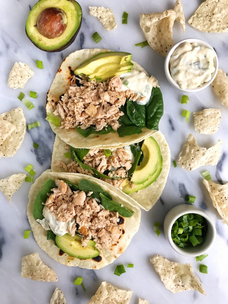 Easy Canned Tuna Tacos with Scallion Crema for an easy gluten + dairy-free recipe!