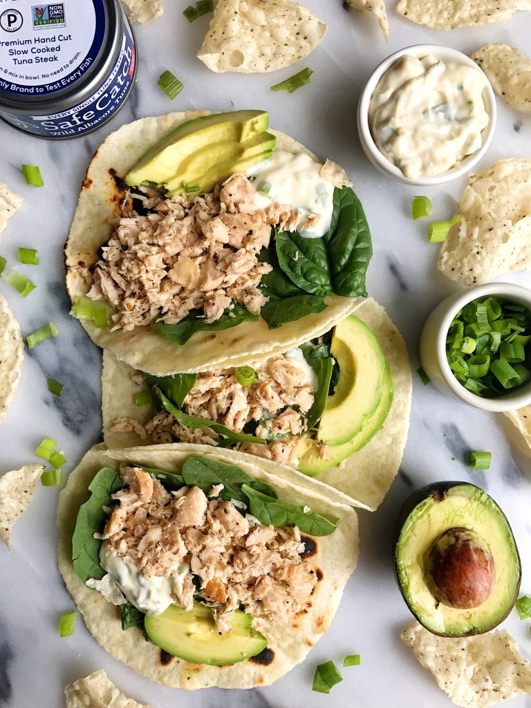 Easy Canned Tuna Tacos with Scallion Crema for an easy gluten + dairy-free recipe!