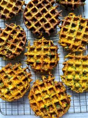 These Sweet Potato Spinach Waffles are an easy hash brown-like waffle fritter packed with veggies and made with all gluten-free, paleo and nut-free ingredients. 