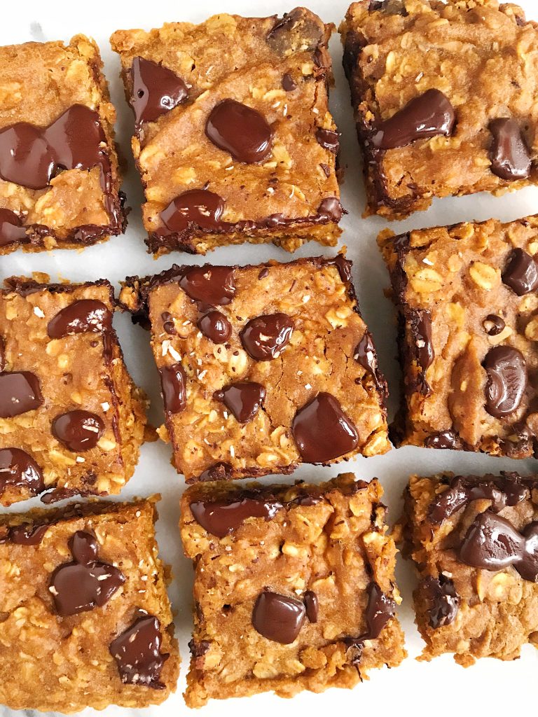 Vegan Pumpkin Chocolate Chip Oatmeal Bars made with gluten-free and simple ingredients! 