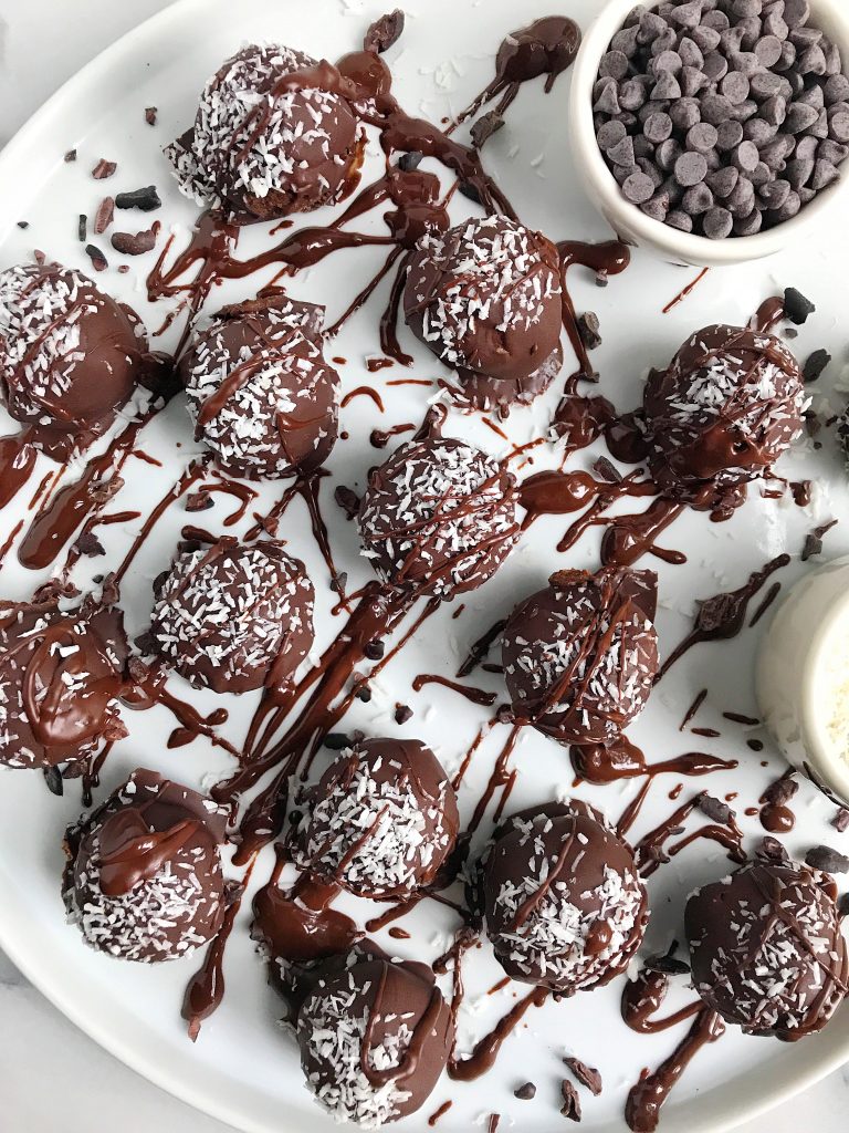 Paleo Coconut Brownie Batter Truffles made with simple ingredients for an easy chocolatey dessert!