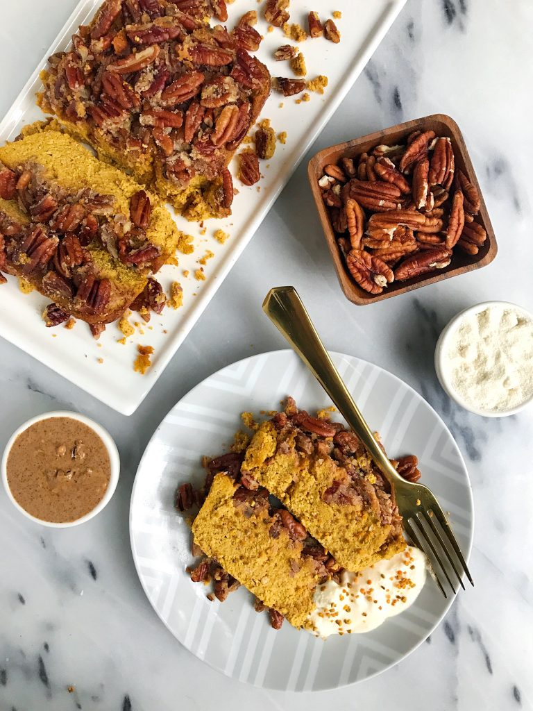 Paleo Pecan Crumble Pumpkin Loaf made with simple ingredients for an easy refined sugar-free and gluten-free fall bread recipe!