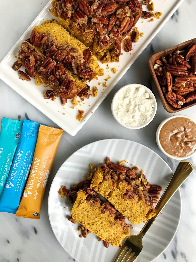 Paleo Pecan Crumble Pumpkin Loaf made with simple ingredients for an easy refined sugar-free and gluten-free fall bread recipe!