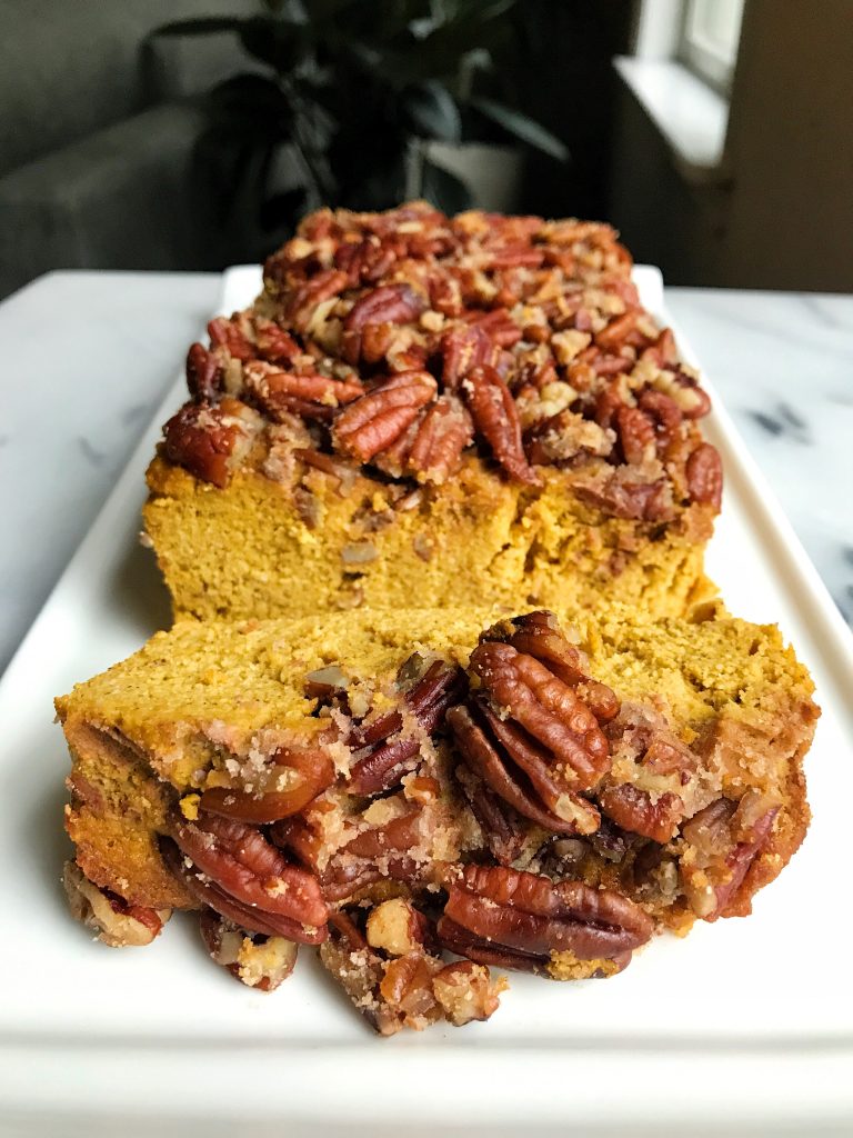 Paleo Pecan Crumble Pumpkin Loaf made with simple ingredients for an easy refined sugar-free and gluten-free fall bread recipe!