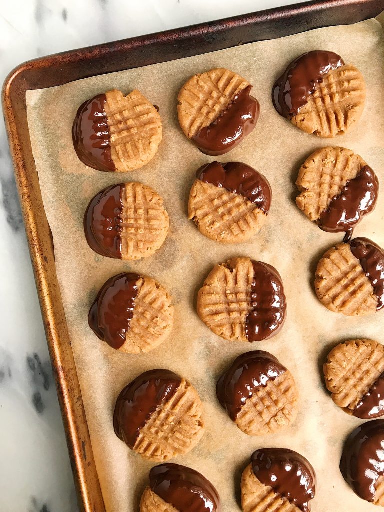 Chocolate Dipped Peanut Butter Cookies made with spelt flour for a healthier vegan cookie!