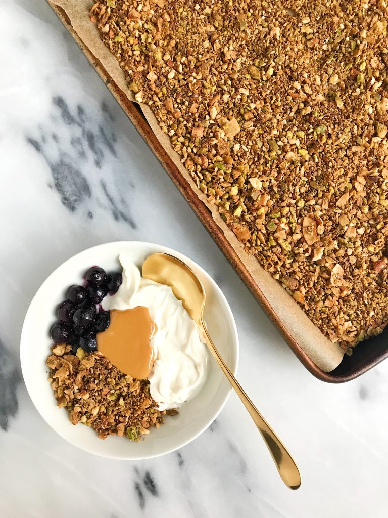 Pistachio Cacao Grain-free Granola that is vegan and sugar-free, perfect for a healthy and easy granola!