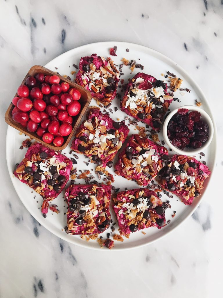 Dark Chocolate Cranberry Magic Cookie Bars that are vegan, gluten-free and lightly sweetened