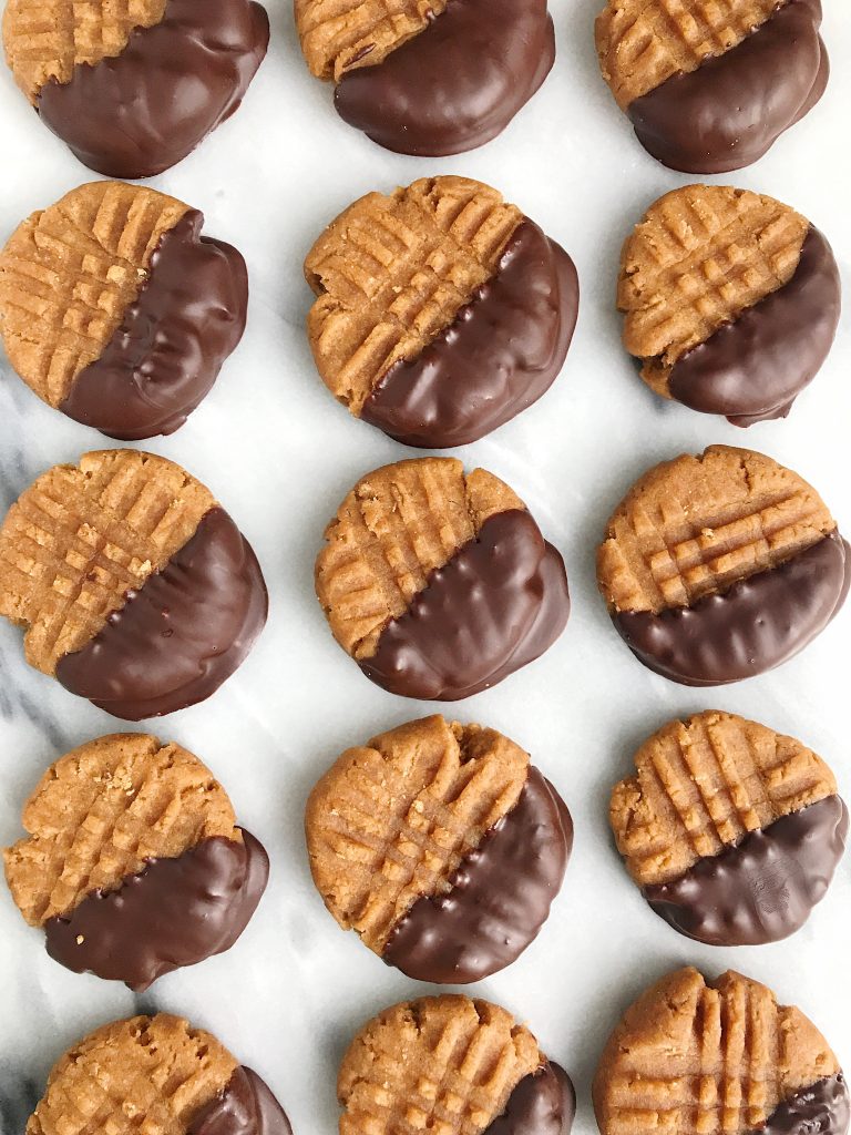 Chocolate Dipped Peanut Butter Cookies made with spelt flour for a healthier vegan cookie!