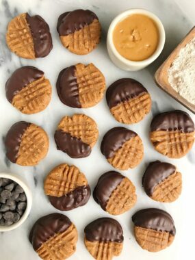 Chocolate Dipped Peanut Butter Cookies made with spelt flour for a healthier vegan cookie!