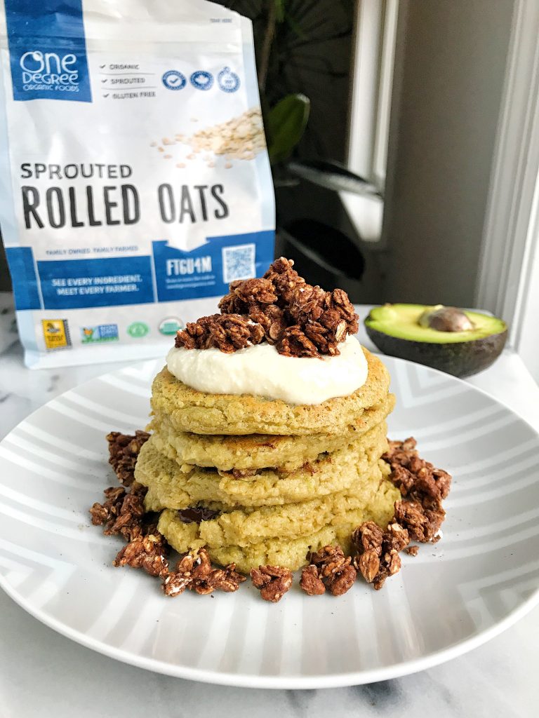 Healthy Chocolate Chip Avocado Pancakes that are vegan, gluten-free and a great low sugar stack!