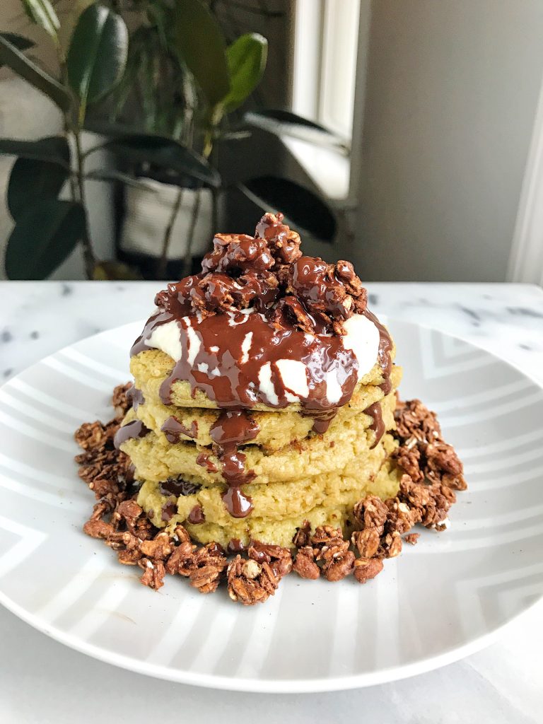 Healthy Chocolate Chip Avocado Pancakes that are vegan, gluten-free and a great low sugar stack!