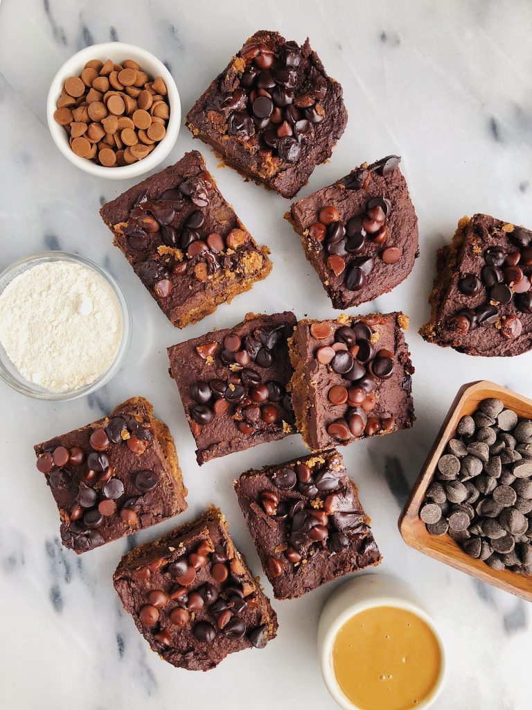 Double Layer Peanut Butter Brownie Cookie Bars for a dreamy vegan and gluten-free dessert!