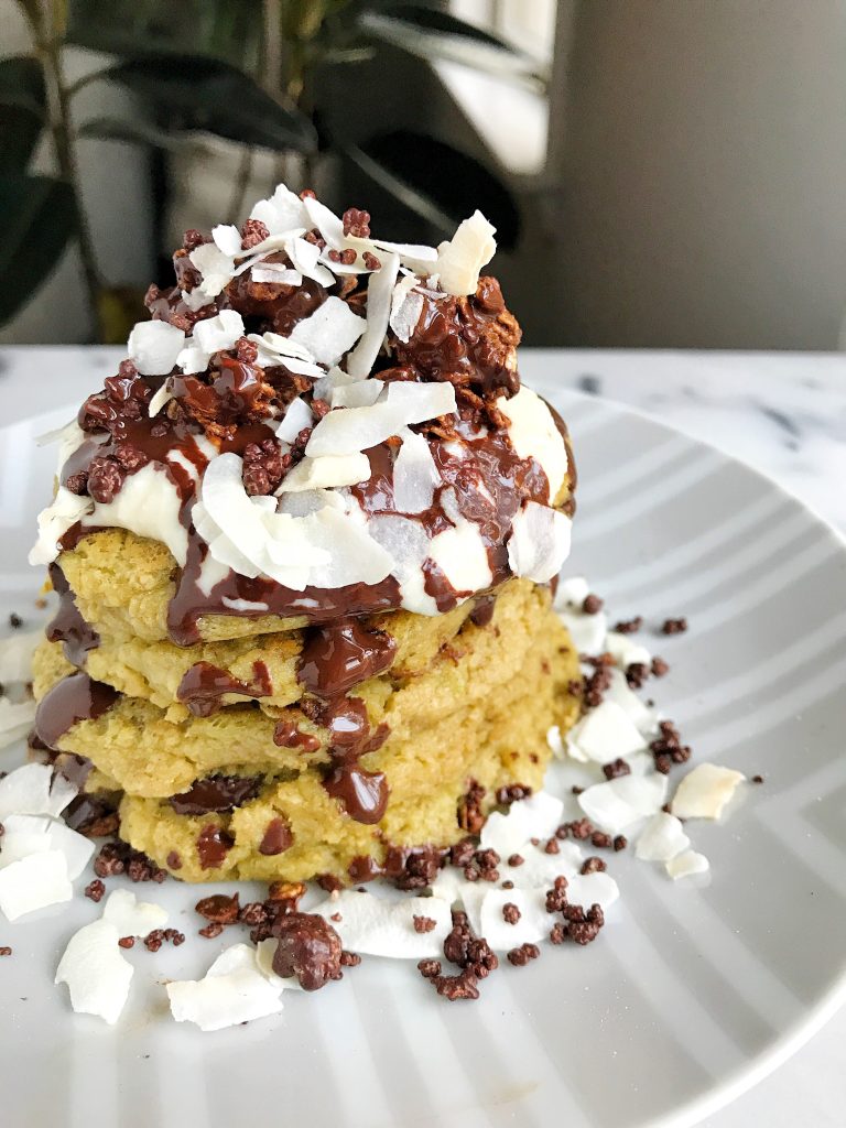 Healthy Chocolate Chip Avocado Pancakes that are vegan, gluten-free and a great low sugar stack!