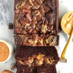 Double Chocolate Peanut Butter Brownie Loaf made with gluten, dairy and grain-free ingredients! A sweet and healthier dessert recipe!
