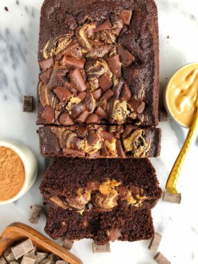 Double Chocolate Peanut Butter Brownie Loaf made with gluten, dairy and grain-free ingredients! A sweet and healthier dessert recipe!