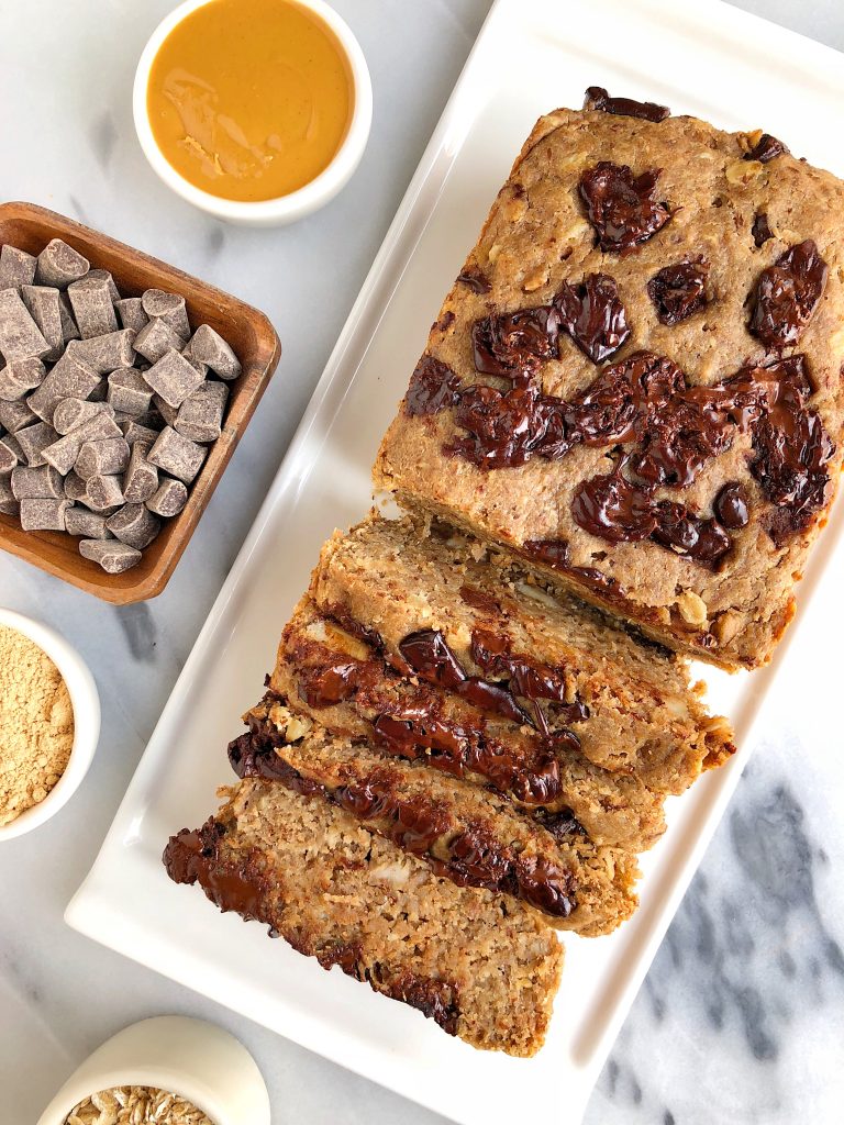 Vegan Chocolate Chip Peanut Butter Banana Bread made with gluten-free ingredients! 