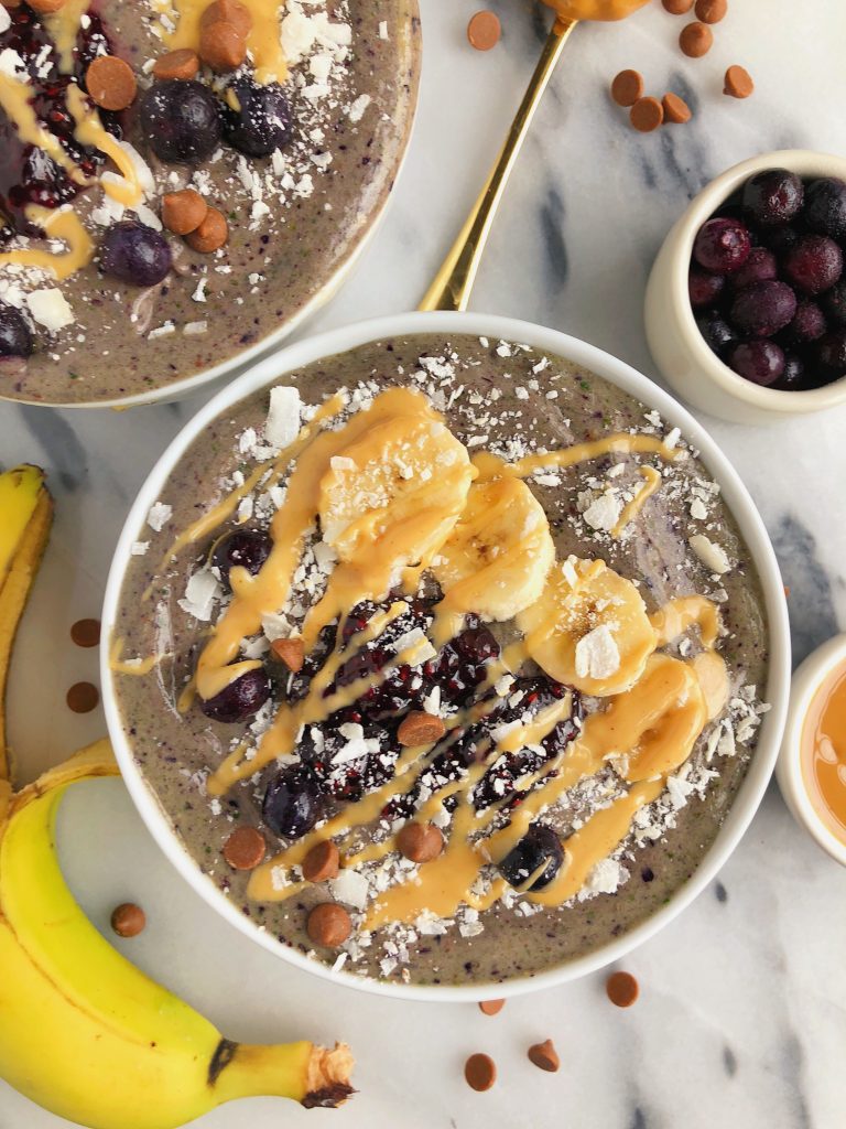 Peanut Butter & Jelly Smoothie Bowls packed with fruit and veggies for a vegan and gluten-free breakfast!