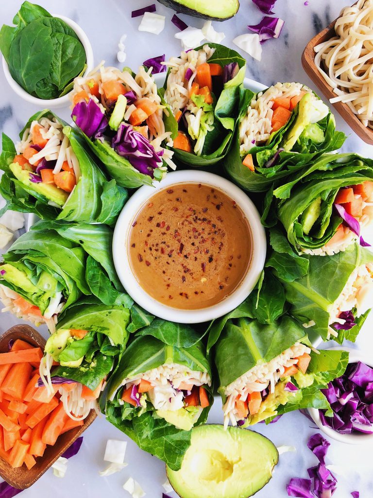 Vegan Rainbow Rolls with Spicy Almond Butter Sauce made with healthy and delicious ingredients! 