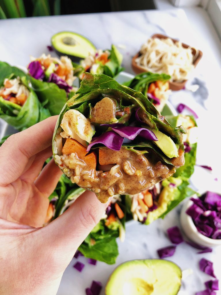 Vegan Rainbow Rolls with Spicy Almond Butter Sauce made with healthy and delicious ingredients! 