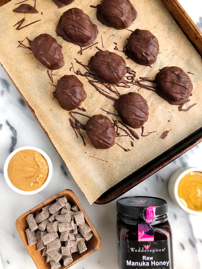 Dark Chocolate Peanut Butter Caramel Eggs made with gluten-free ingredients for a healthier take on Reese's Peanut Butter Eggs