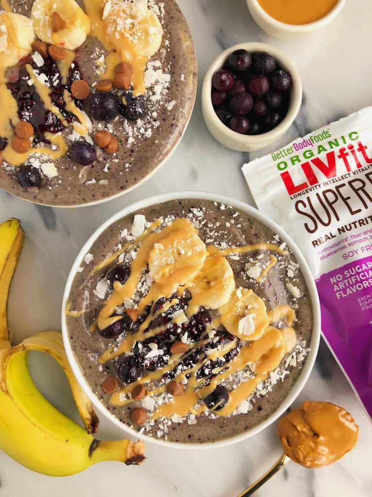 Peanut Butter & Jelly Smoothie Bowls packed with fruit and veggies for a vegan and gluten-free breakfast!