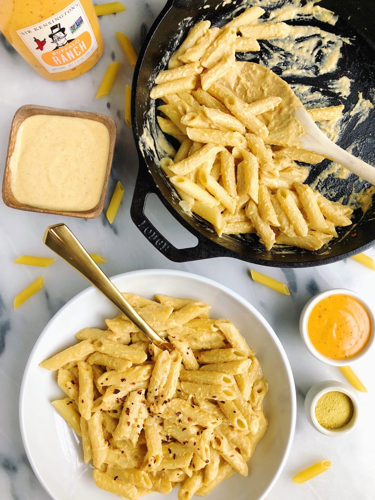 Vegetarian Buffalo Mac & Cheese made with gluten-free ingredients for a spicy twist on a classic recipe!