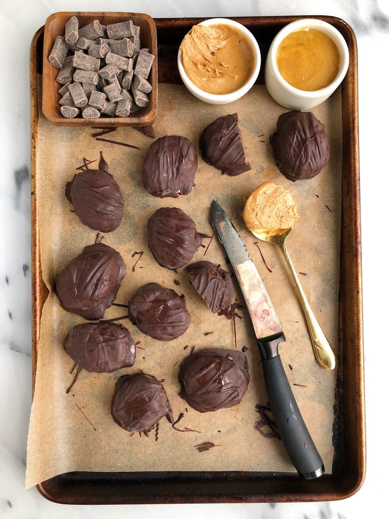 Dark Chocolate Peanut Butter Caramel Eggs made with gluten-free ingredients for a healthier take on Reese's Peanut Butter Eggs