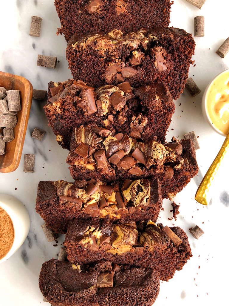 Double Chocolate Peanut Butter Brownie Loaf made with gluten, dairy and grain-free ingredients! A sweet and healthier dessert recipe!