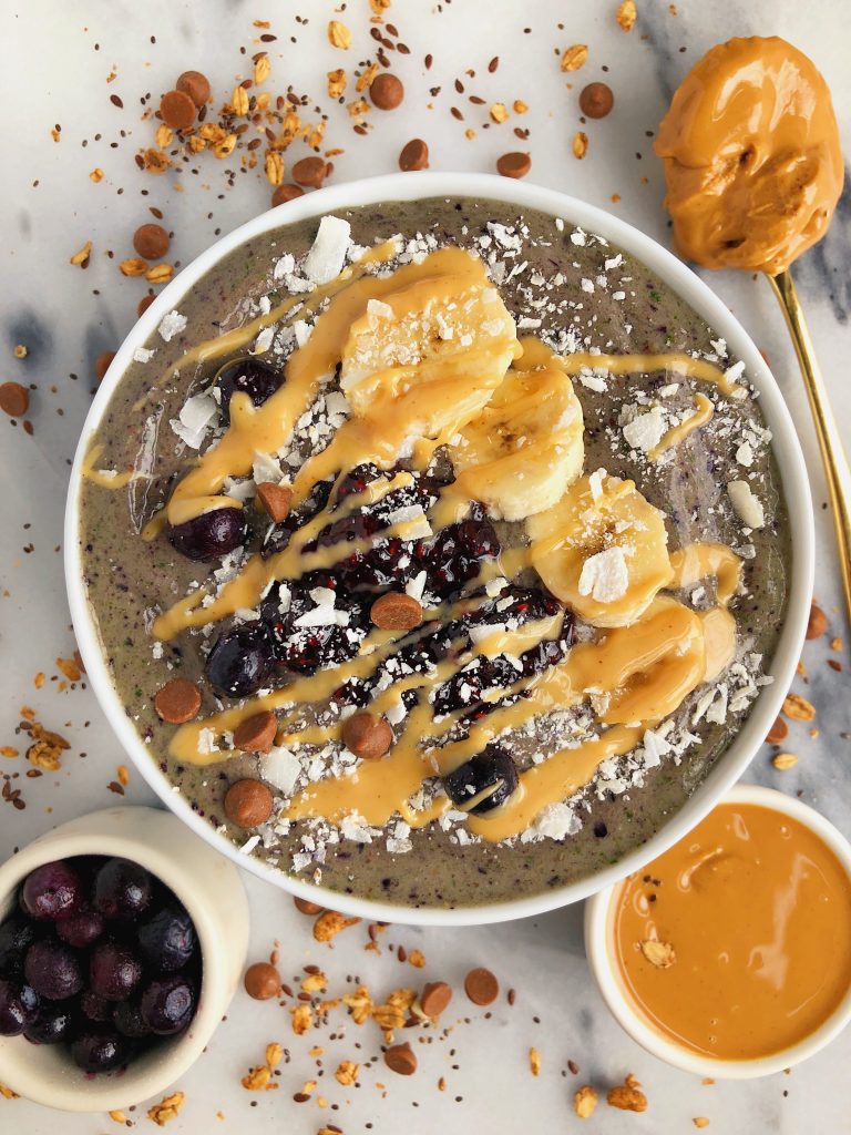 Peanut Butter & Jelly Smoothie Bowls packed with fruit and veggies for a vegan and gluten-free breakfast!