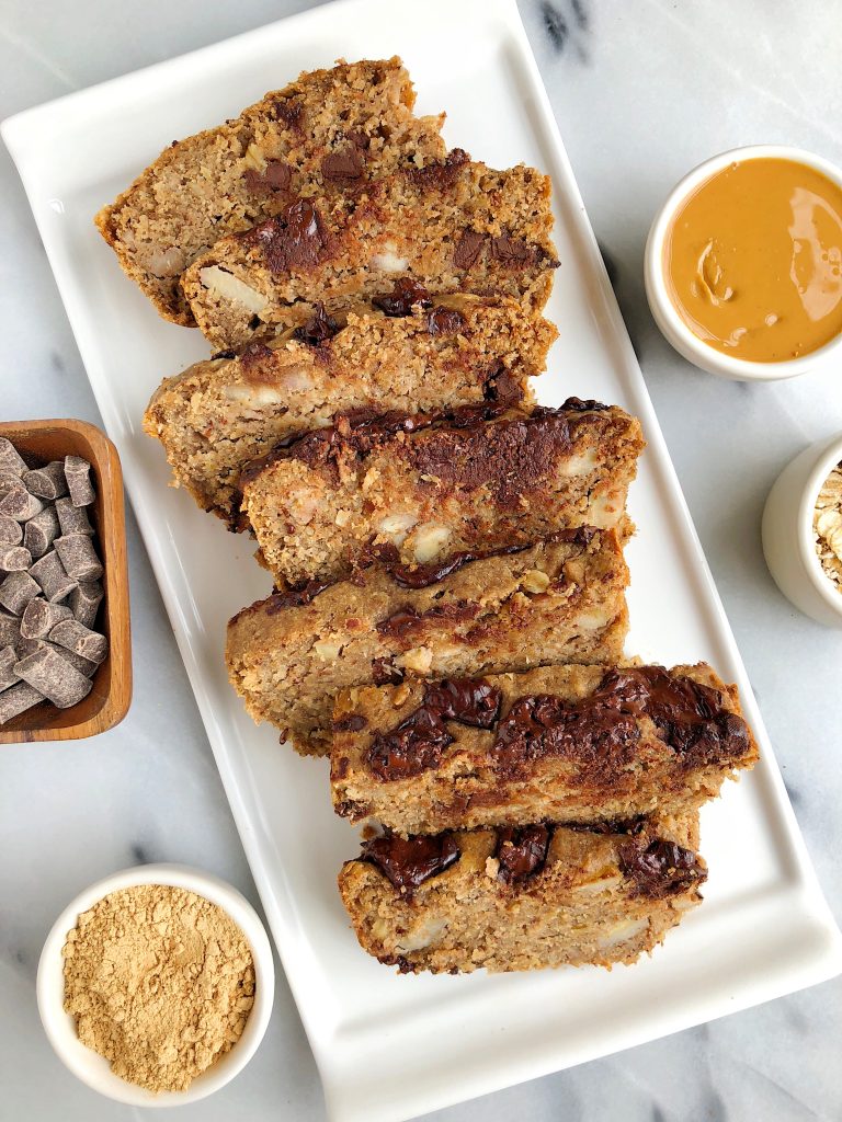 Vegan Chocolate Chip Peanut Butter Banana Bread made with gluten-free ingredients! 