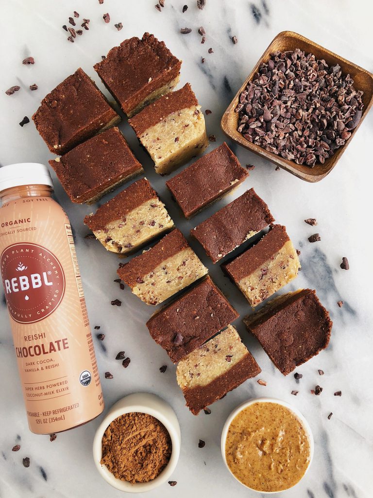 Healthier Chocolate Cookie Dough Fudge Bars made with vegan and gluten-free ingredients for an easy no-bake dessert!