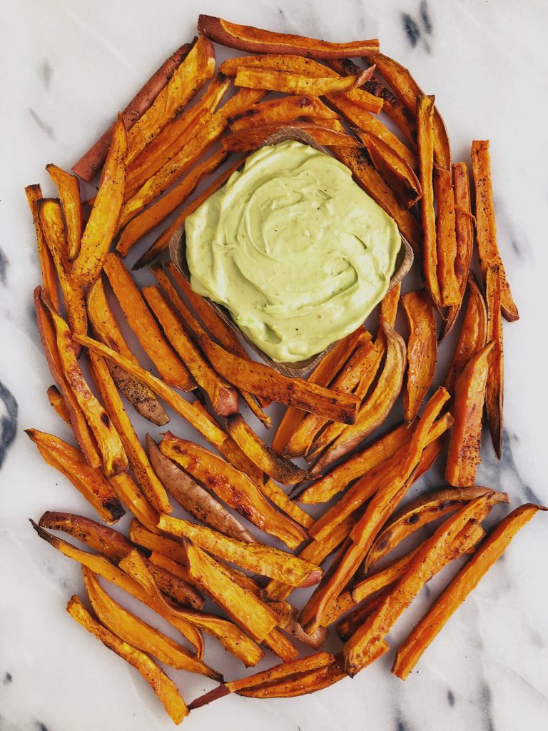 Baked Shoestring Sweet Potato Fries with Avocado Aioli for an easy and delicious gluten-free and vegan recipe!