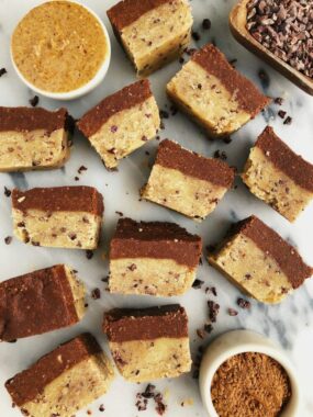 Healthier Chocolate Cookie Dough Fudge Bars made with vegan and gluten-free ingredients for an easy no-bake dessert!