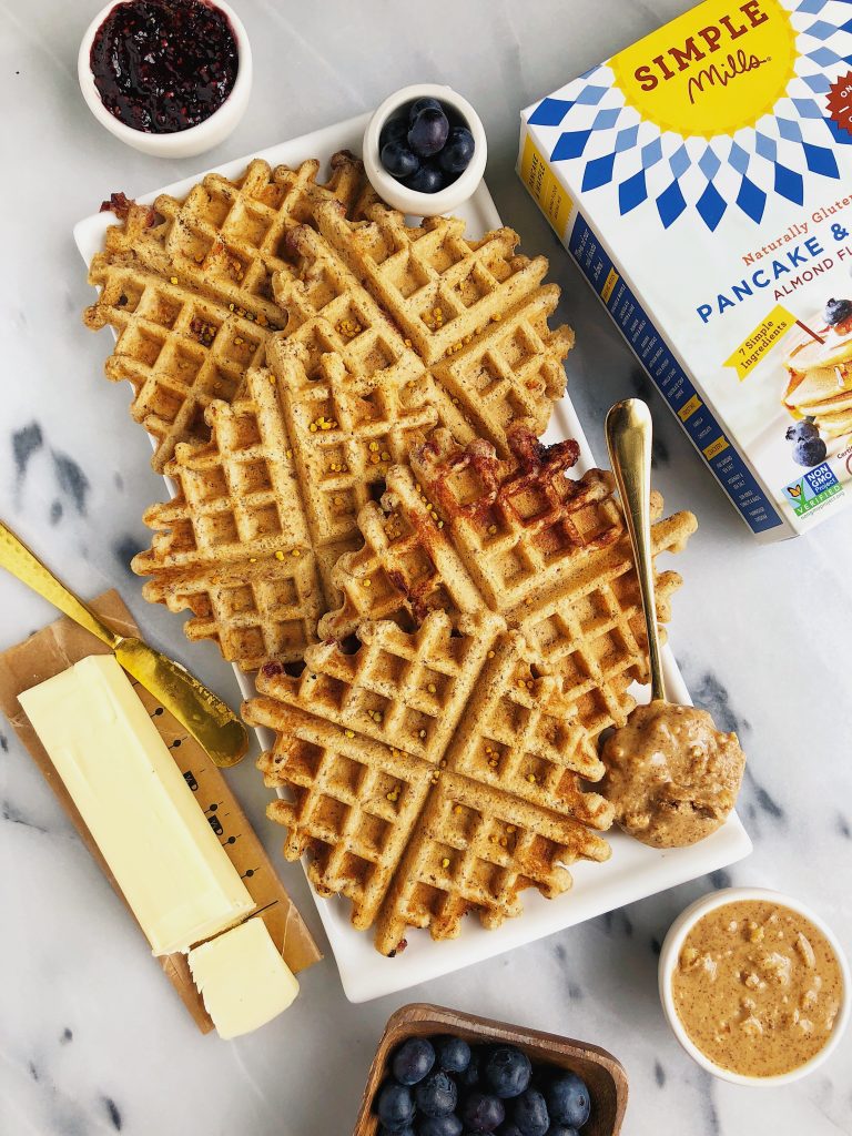 Crispy Peanut Butter & Jelly Stuffed Waffles made with vegan and gluten-free ingredients for a dreamy brunch recipe!