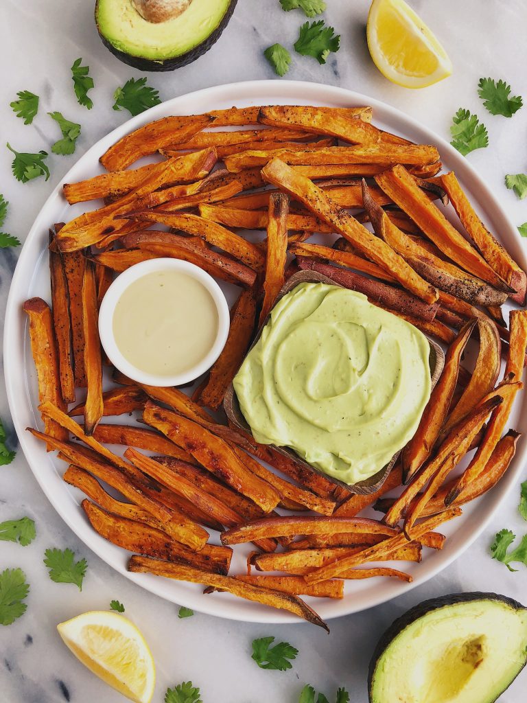 Baked Shoestring Sweet Potato Fries with Avocado Aioli for an easy and delicious gluten-free and vegan recipe!