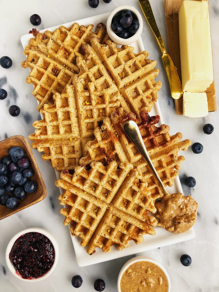 Crispy Peanut Butter & Jelly Stuffed Waffles made with vegan and gluten-free ingredients for a dreamy brunch recipe!