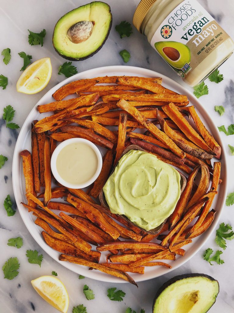 Baked Shoestring Sweet Potato Fries with Avocado Aioli for an easy and delicious gluten-free and vegan recipe!